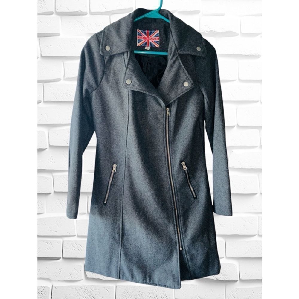 Miss London Womens Medium Charcoal Gray Asymmetric Zip Urban Mod Wool Blend Coat - Picture 1 of 15